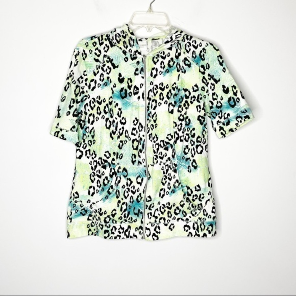 Weekends By Chico’s Green and Blue Leopard Leaf Print Zip Front Hooded Jacket M